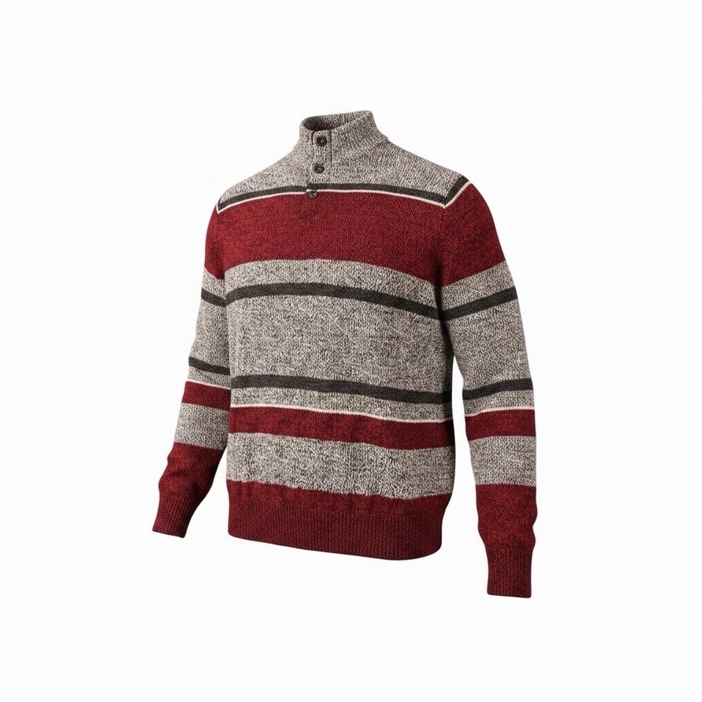 CHAPS Men's XL Striped Mock Neck Button Sweater 100% Cotton Red Gray Black